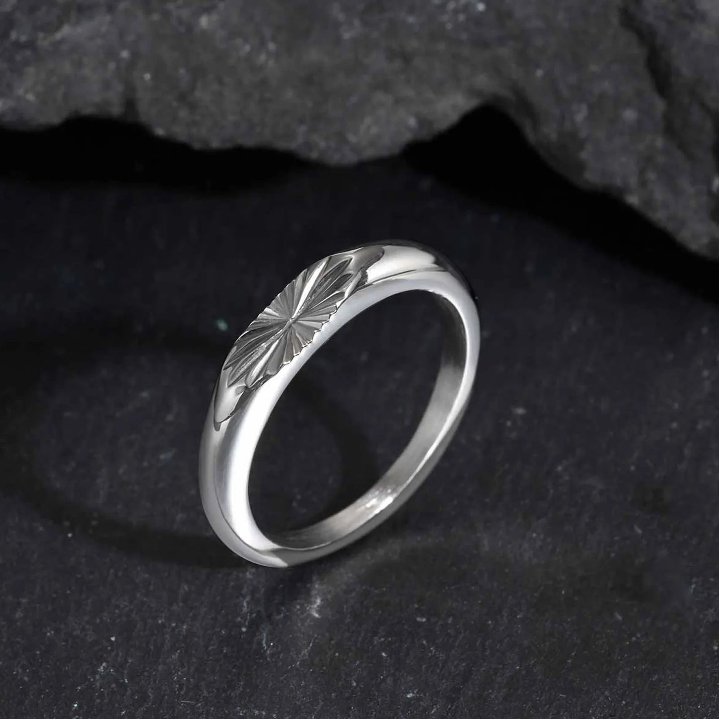 Minimalist silver sunburst engraved ring stainless steel jewelry