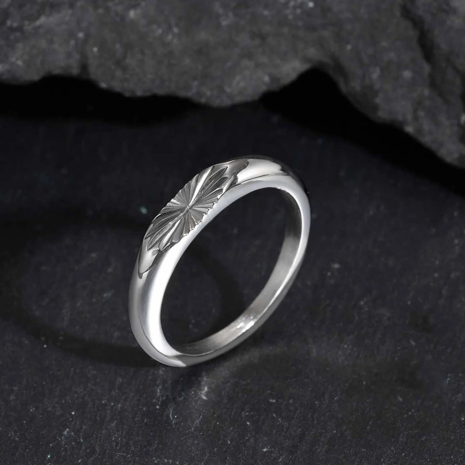 Minimalist silver sunburst engraved ring stainless steel jewelry