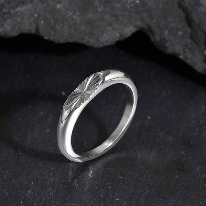 Minimalist silver sunburst engraved ring stainless steel jewelry