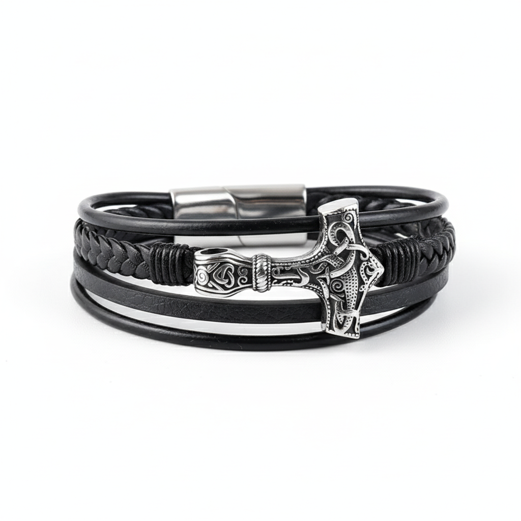 men's mjolnir thor hammer leather bracelet viking style
