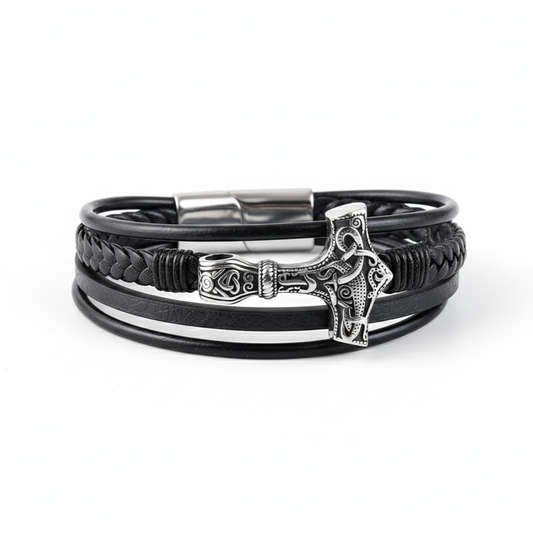 men's mjolnir thor hammer leather bracelet viking style