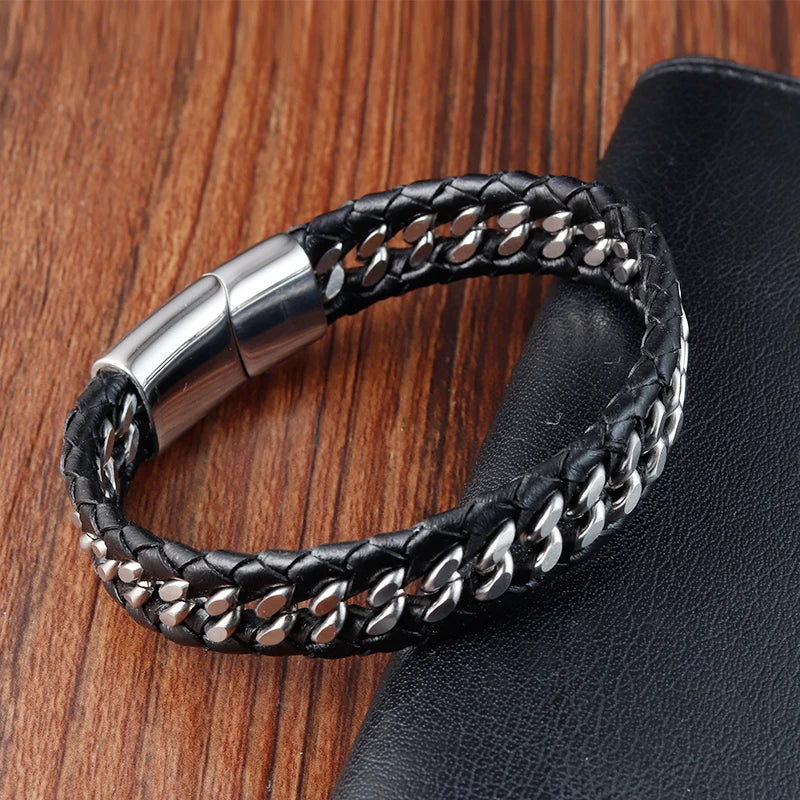 modern braided leather wristband with stainless steel links