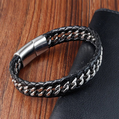 modern braided leather wristband with stainless steel links
