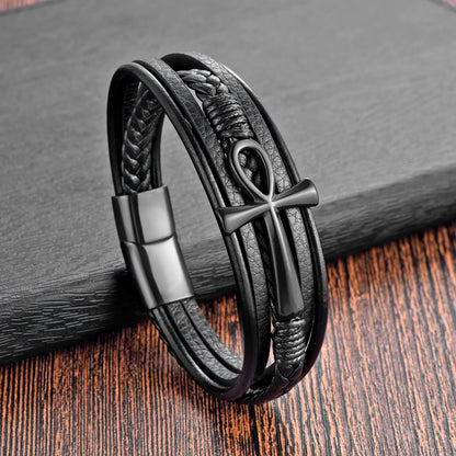 multi layer leather bracelet with black ankh cross stainless steel