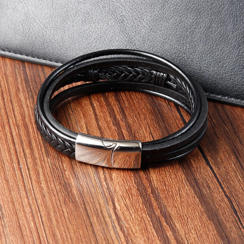 multi layer leather bracelet with cross centerpiece for men