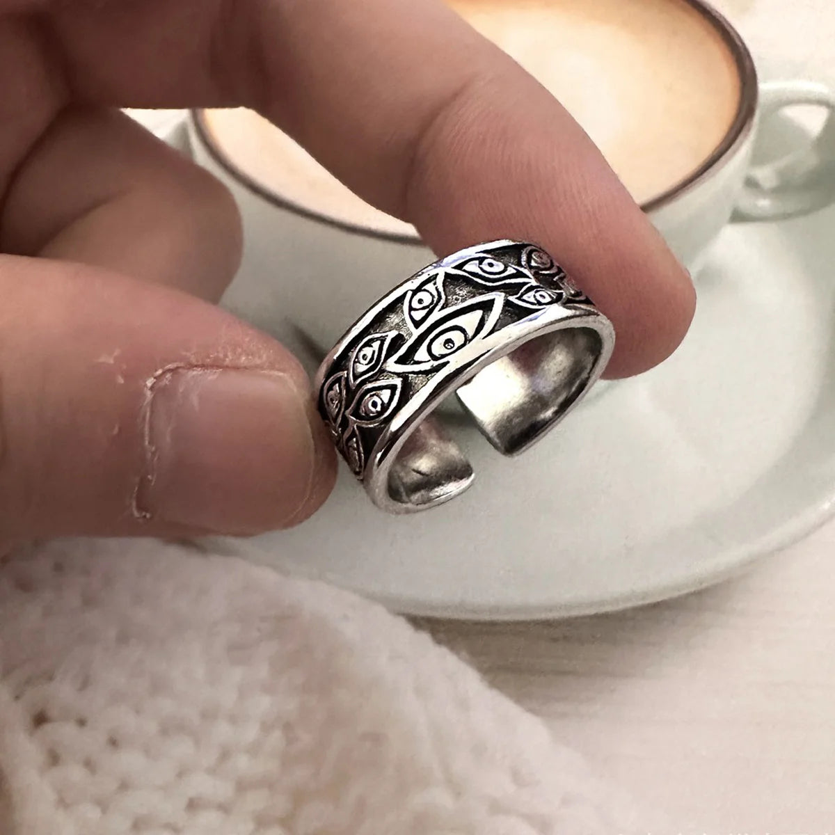 Mystic eye symbol ring stainless steel engraved band