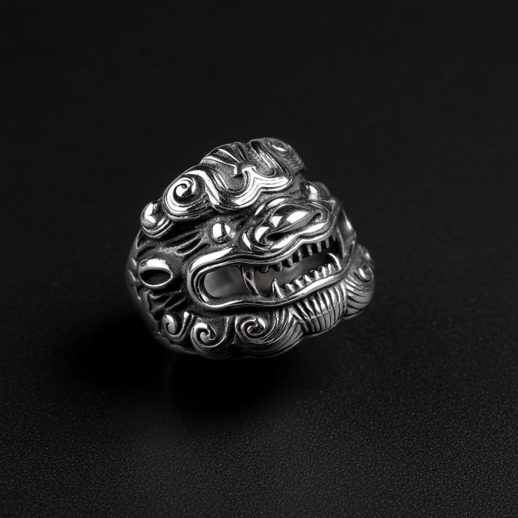 Mythical creature statement ring stainless steel Qilin design