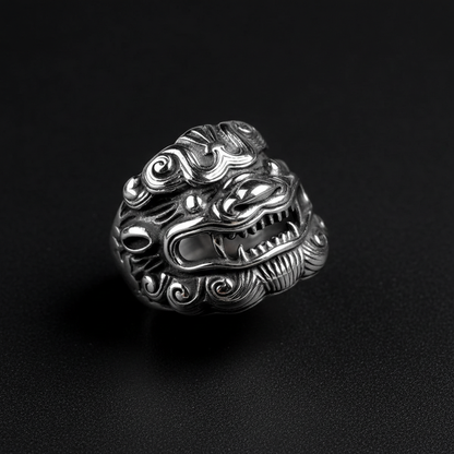 Mythical creature statement ring stainless steel Qilin design