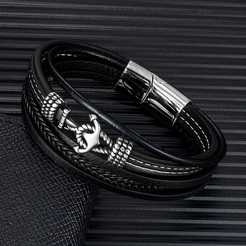 Nautical anchor leather bracelet for men black multi-layer wristband with stainless steel clasp