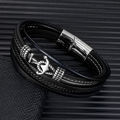 Nautical anchor leather bracelet for men black multi-layer wristband with stainless steel clasp