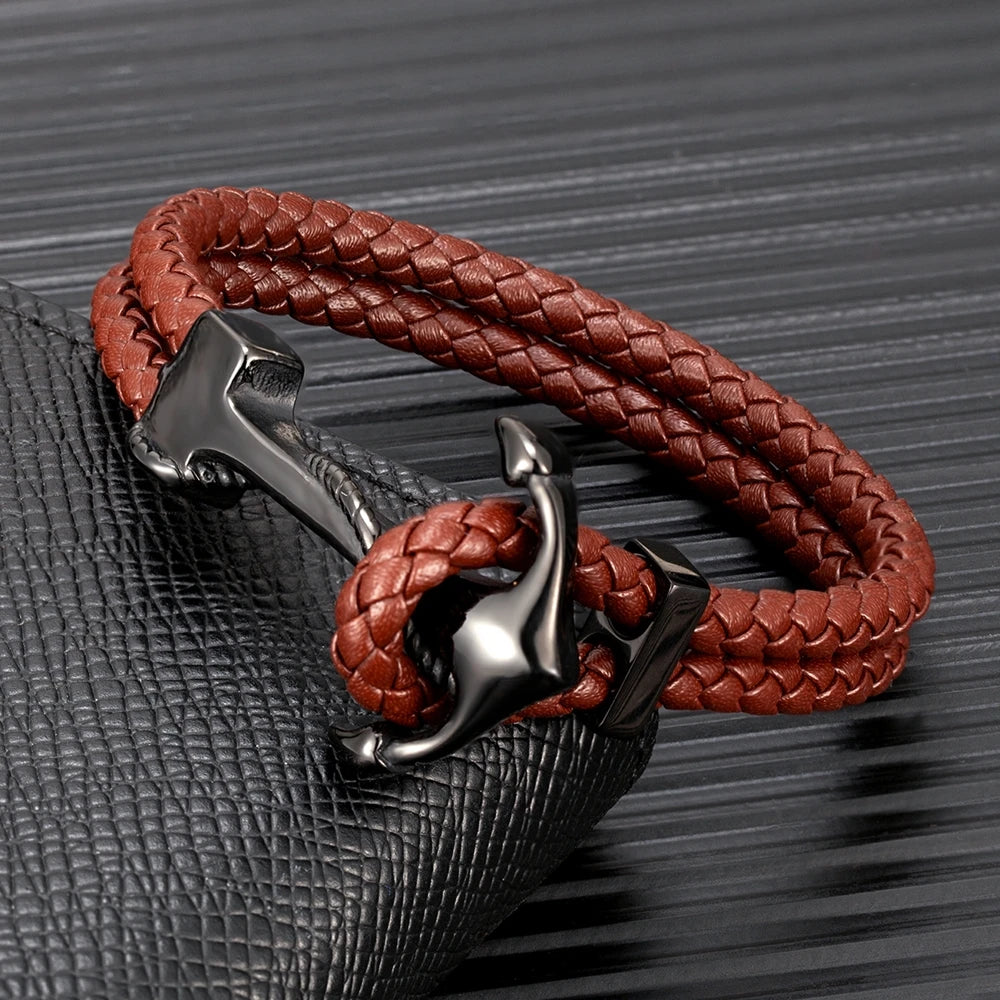 nautical leather bracelet for men with anchor hook closure