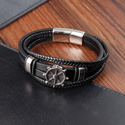 men's nautical helm bracelet with black braided leather and magnetic clasp