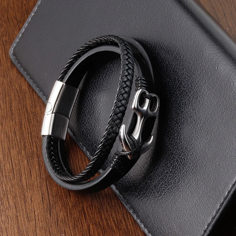 men's nautical anchor bracelet with braided leather and steel detail