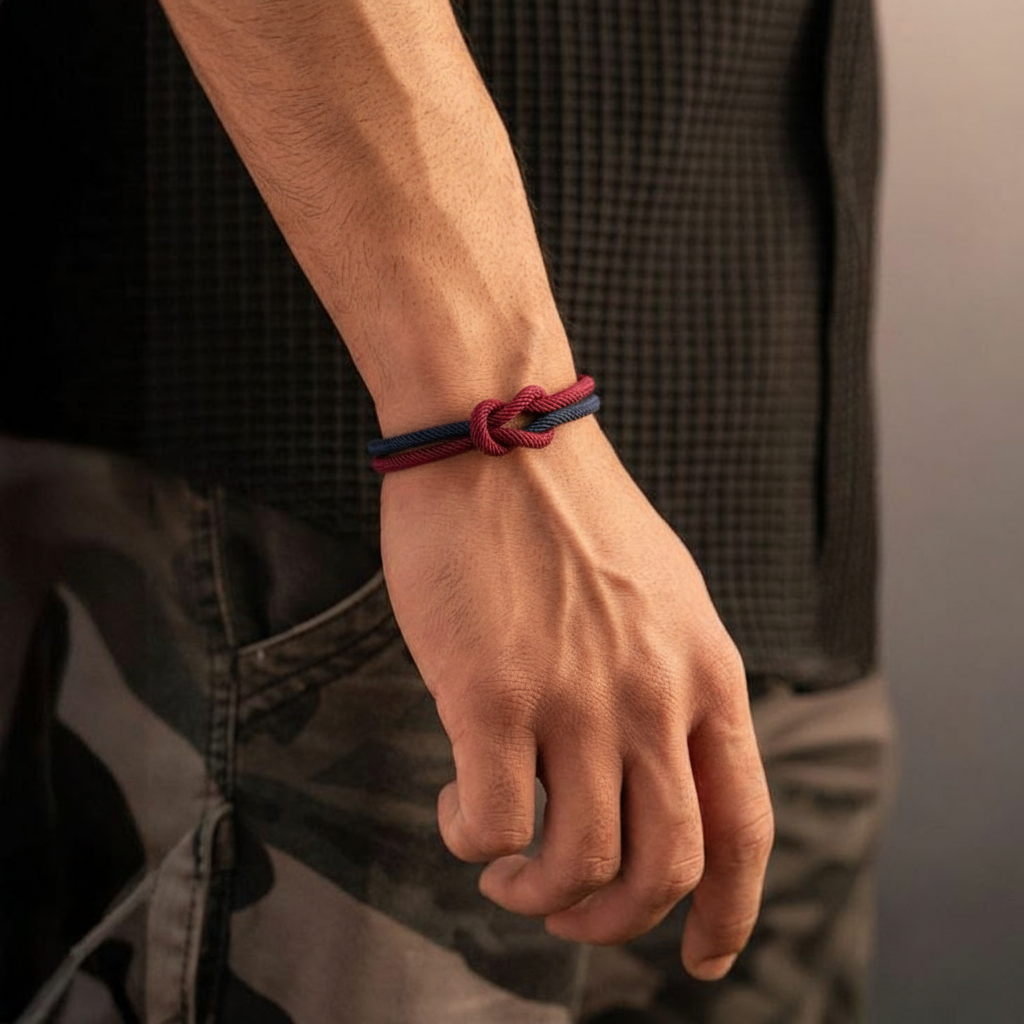 two tone nautical rope knot bracelet with stainless steel clasp on wrist