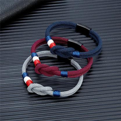 men's nautical rope knot bracelet with black stainless steel clasp
