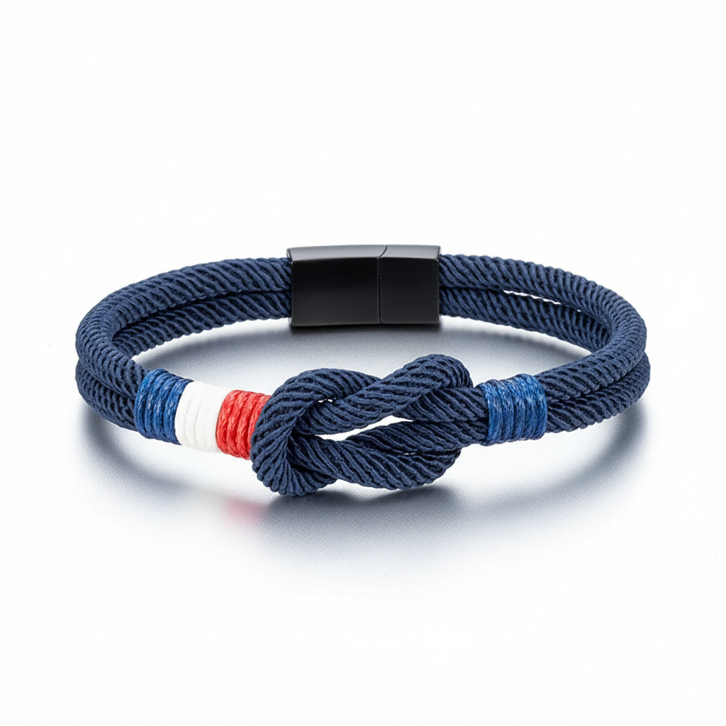 men's nautical rope knot bracelet with black stainless steel clasp