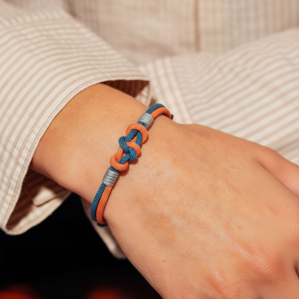 nautical rope knot bracelet with blue and orange braided cord on wrist