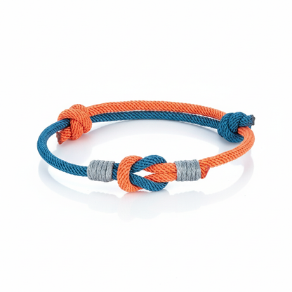 nautical rope knot bracelet with blue and orange braided cord