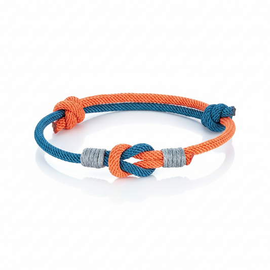 nautical rope knot bracelet with blue and orange braided cord