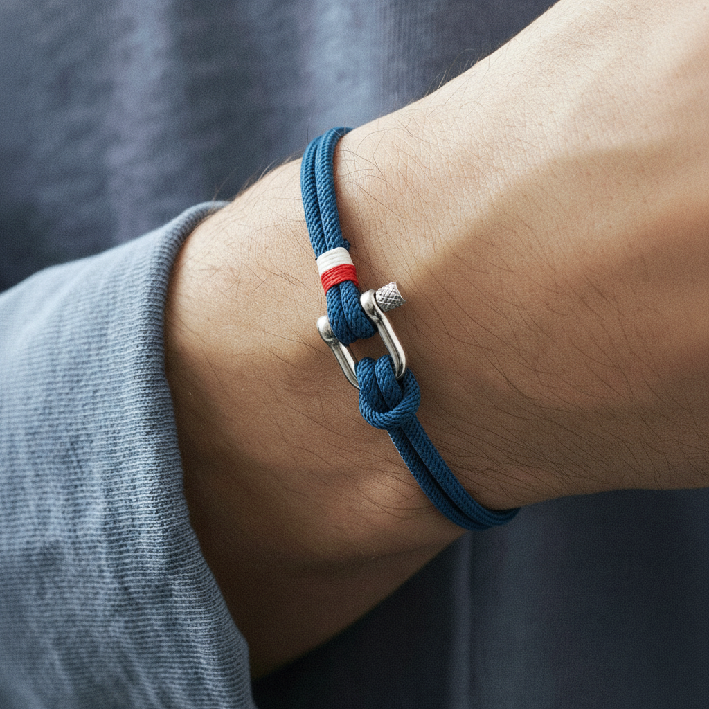 nautical shackle rope bracelet with stainless steel u shackle clasp on wrist
