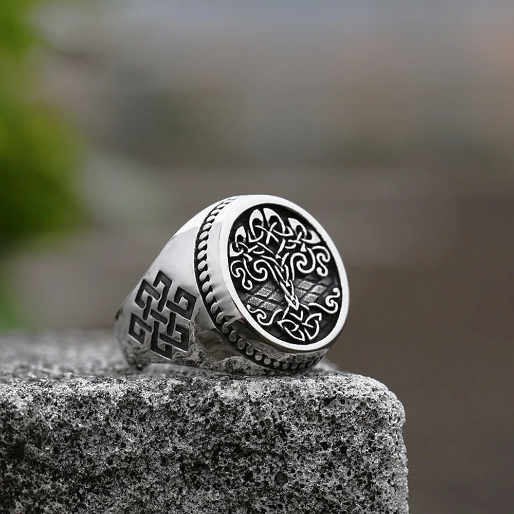 Nordic tree of life ring stainless steel Viking signet ring