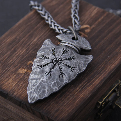 Close up of Viking Helm of Awe arrowhead pendant necklace