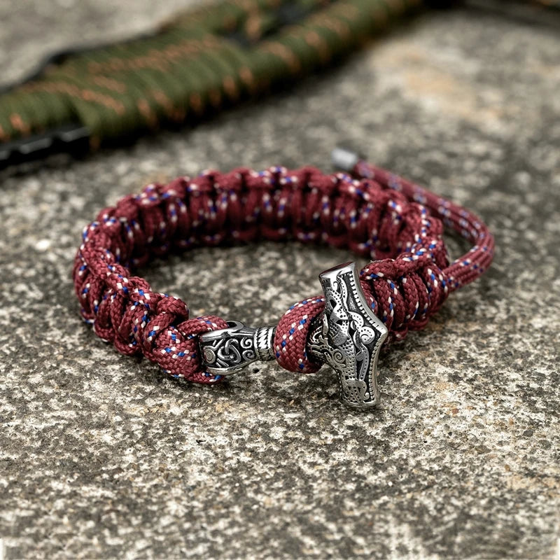 Red Norse Mjolnir bracelet with stainless steel hammer clasp