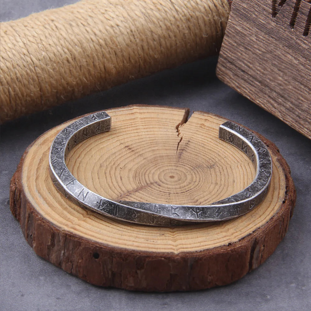 Norse rune engraved cuff bracelet stainless steel