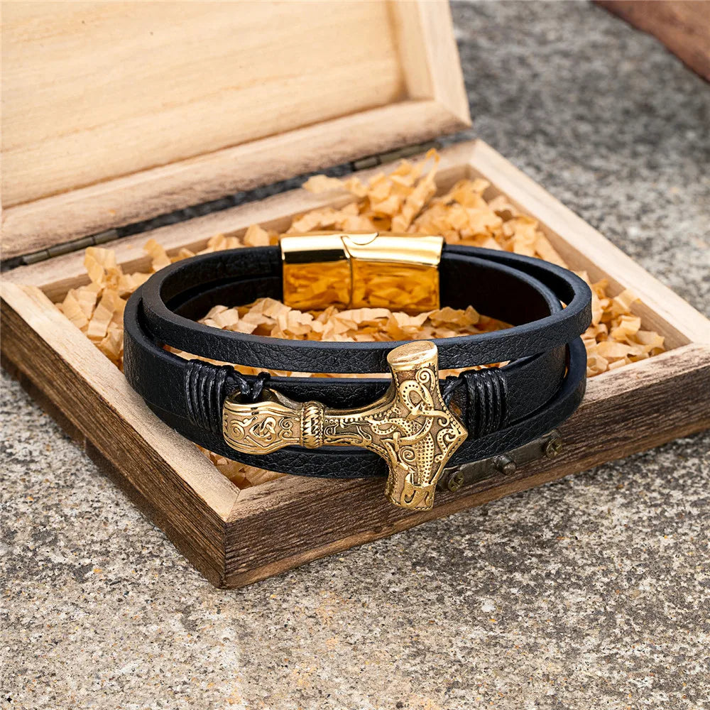 norse viking gold mjolnir hammer bracelet with stainless steel clasp