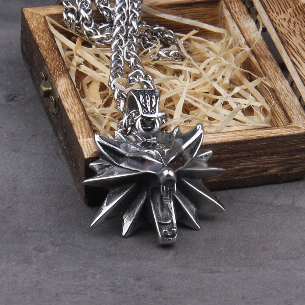 Norse wolf head necklace with detailed warrior design