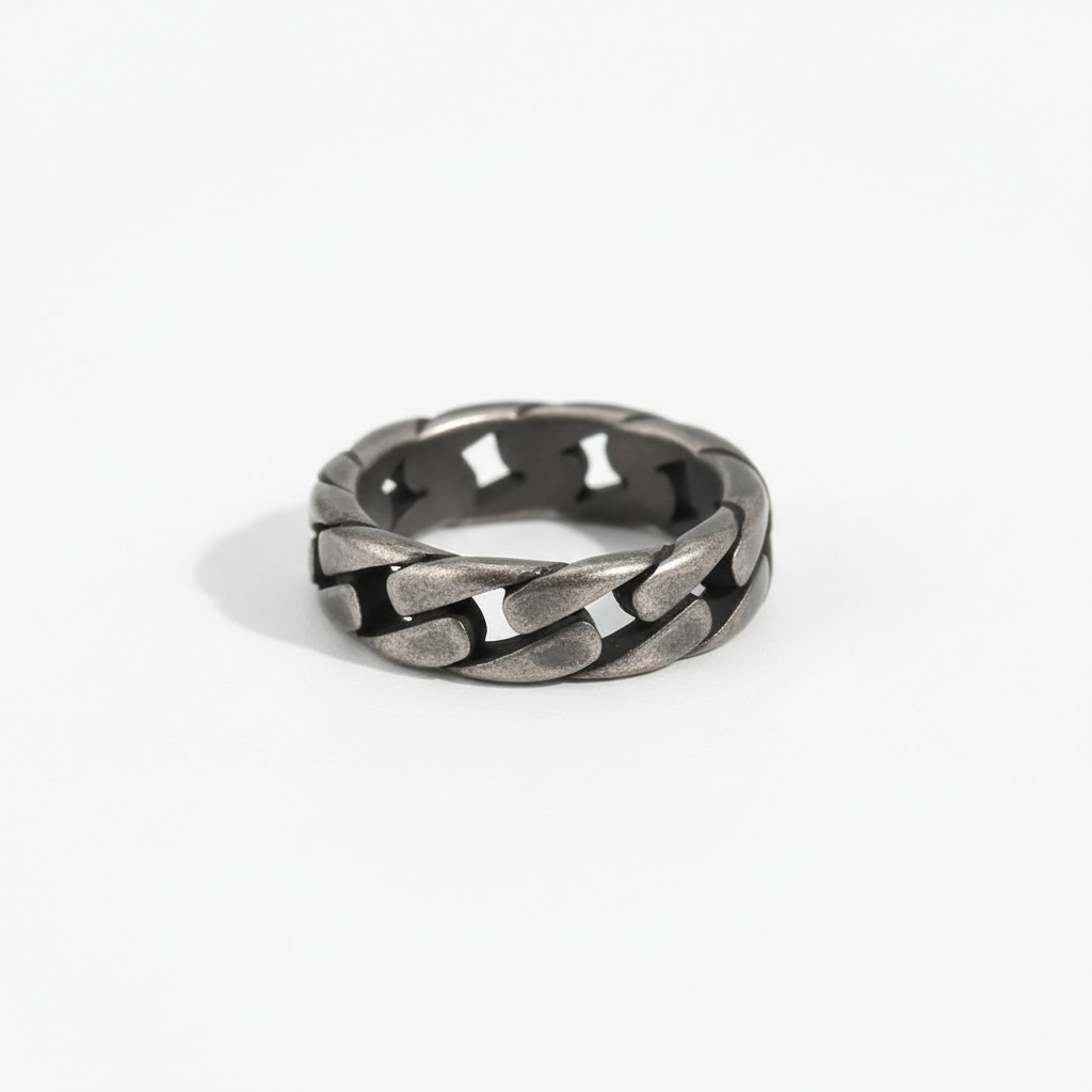 Oxidized chain link ring stainless steel vintage band