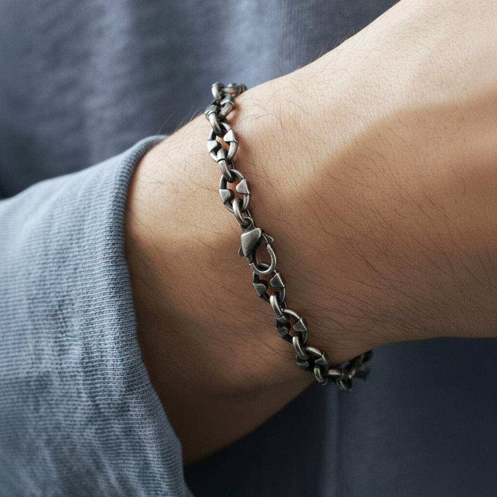 men's oxidized stainless steel chain bracelet vintage style on wrist