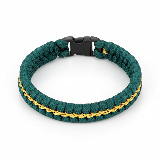 green paracord survival bracelet with braided knot design