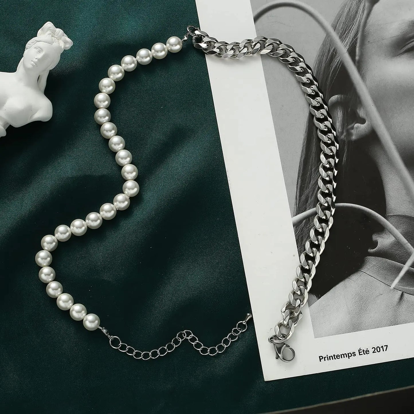 fashion men’s necklace combining pearl beads and stainless steel curb chain