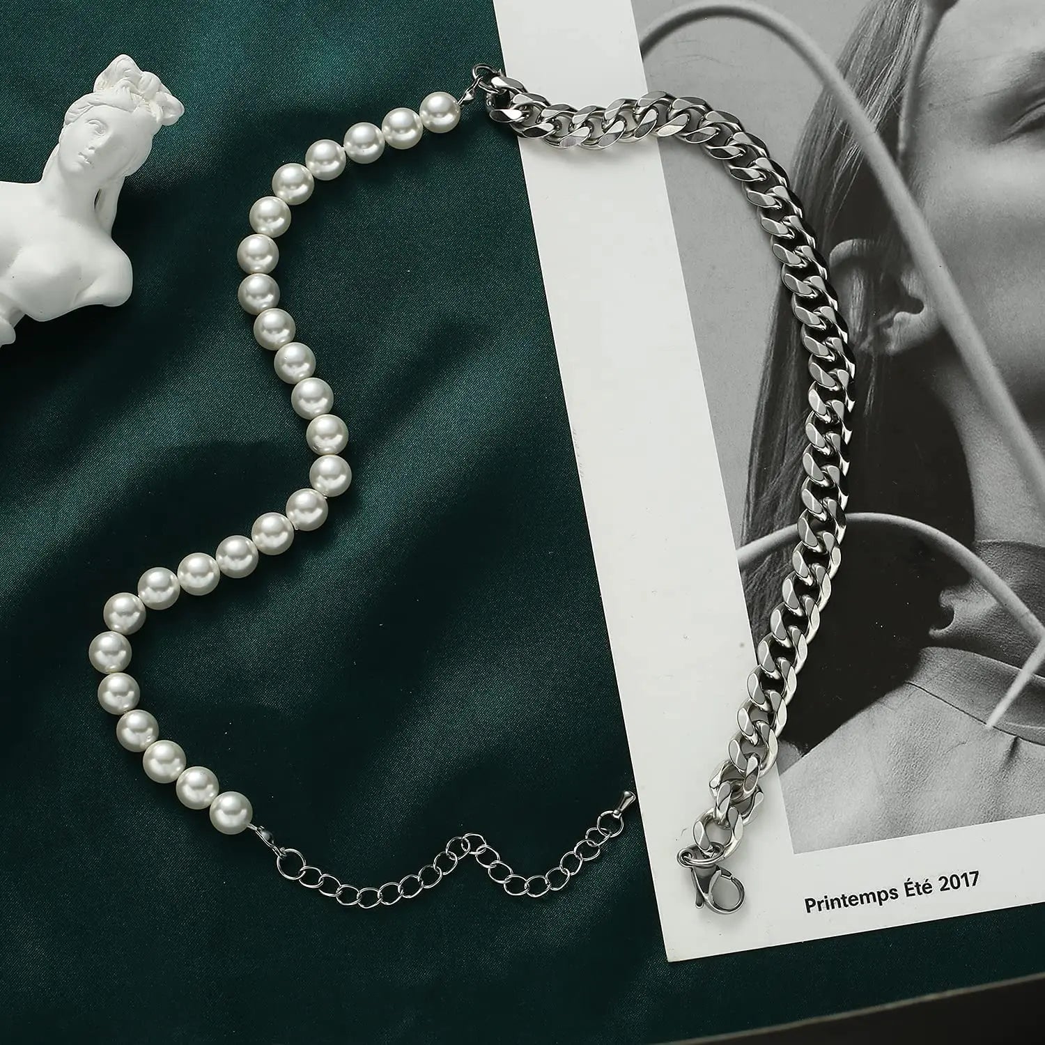 fashion men’s necklace combining pearl beads and stainless steel curb chain