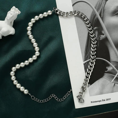 fashion men’s necklace combining pearl beads and stainless steel curb chain
