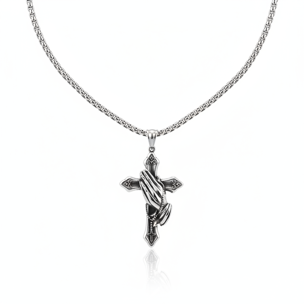 Praying hands cross pendant necklace made from stainless steel