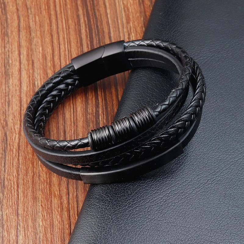 premium men's leather bracelet with black stainless steel detail