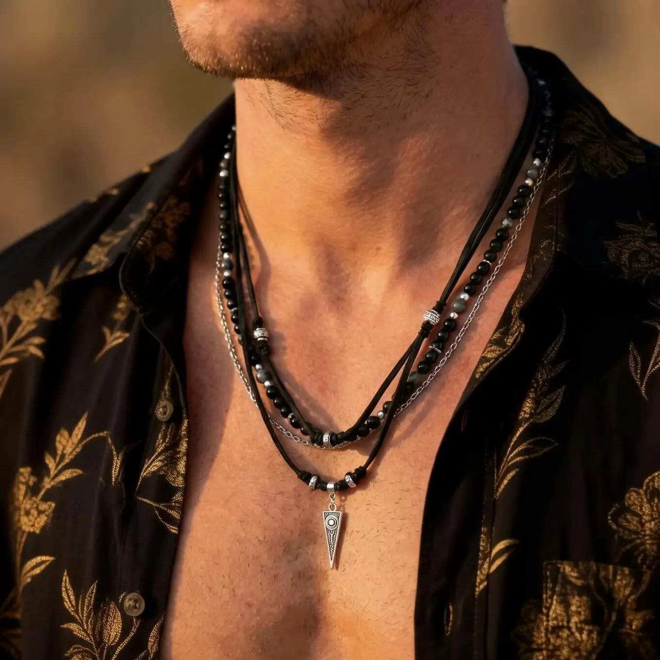 Streetwear layered necklace with beads and pendant for men