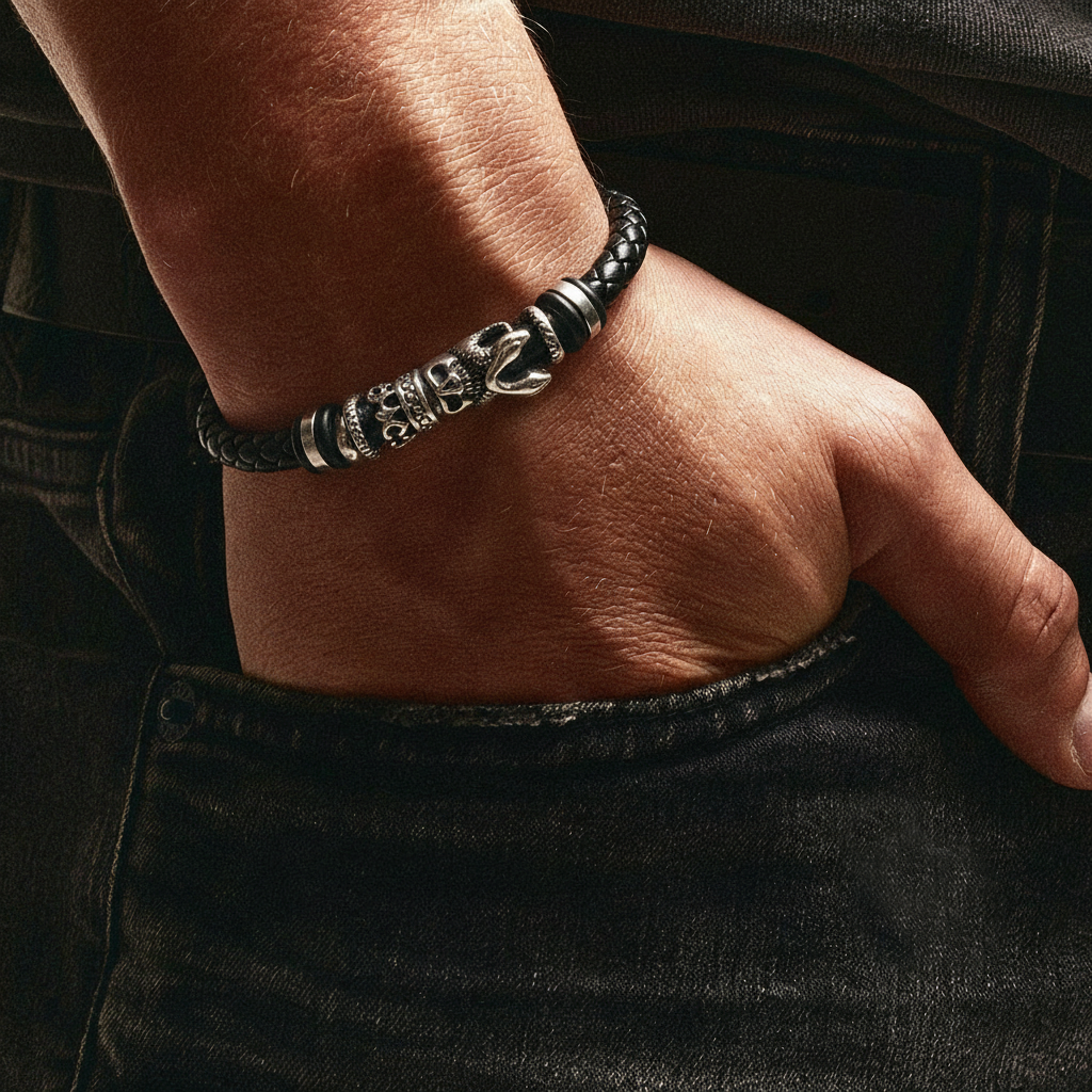 men's punk skull bracelet braided black leather wristband