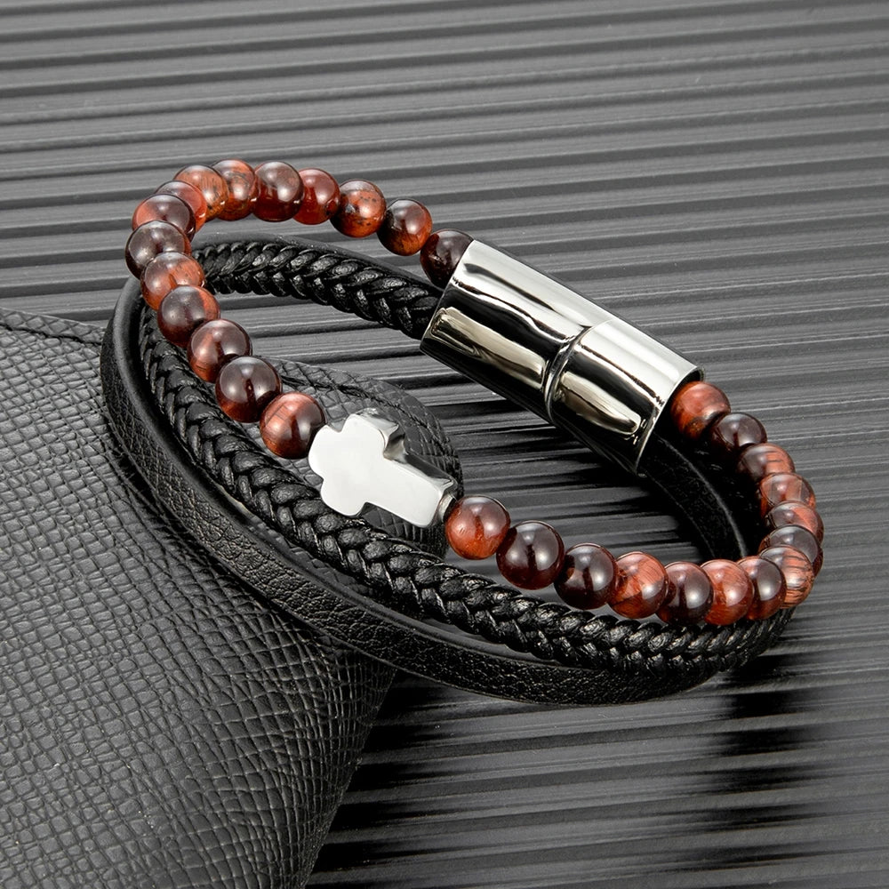 men's red tiger eye beaded bracelet with stainless steel cross