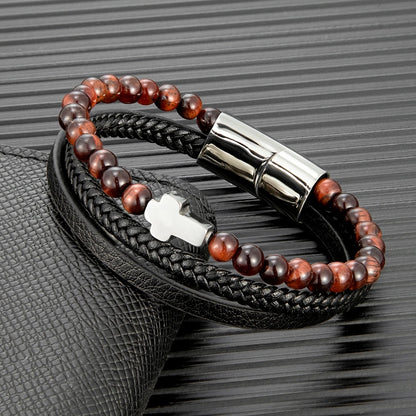 men's red tiger eye beaded bracelet with stainless steel cross