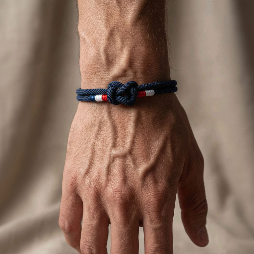sailor knot rope bracelet with navy braided cord on wrist