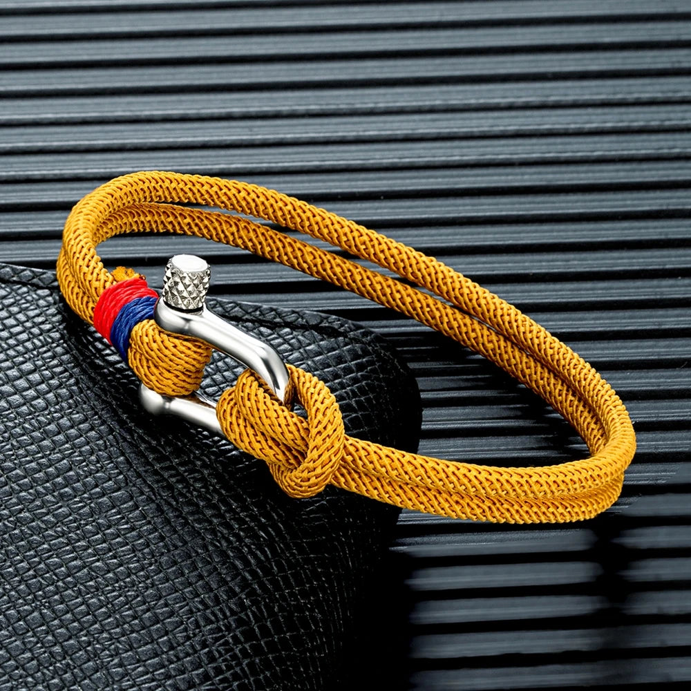 yellow sailor rope bracelet with nautical shackle closure