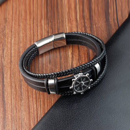 men's ship wheel bracelet with magnetic clasp black leather design