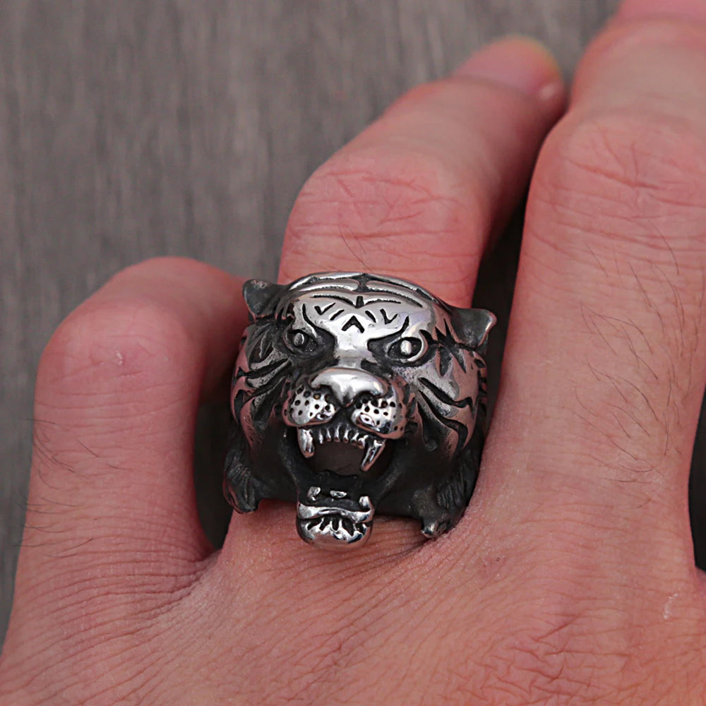 silver tiger head ring stainless steel statement band