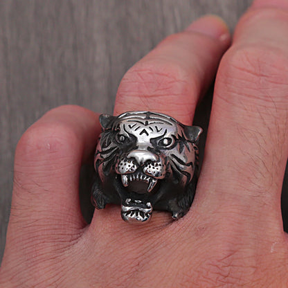 silver tiger head ring stainless steel statement band