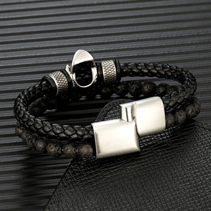 multilayer leather and lava stone skull bracelet for men with silver metal clasps