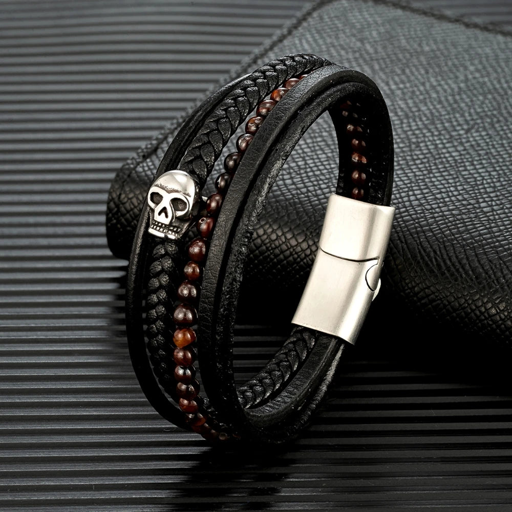 gothic skull bracelet for men with black red tiger eye beads