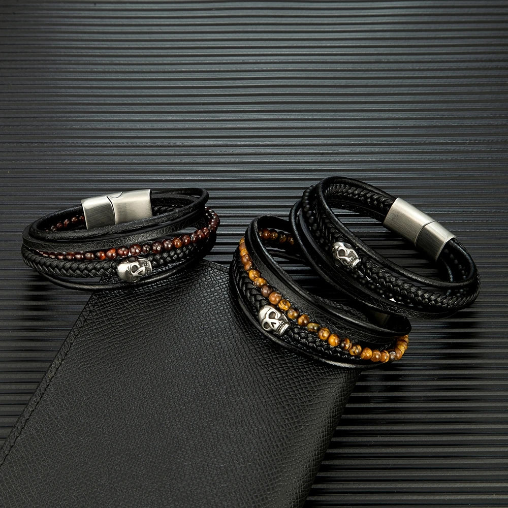 multilayer leather and lava stone skull bracelets for men